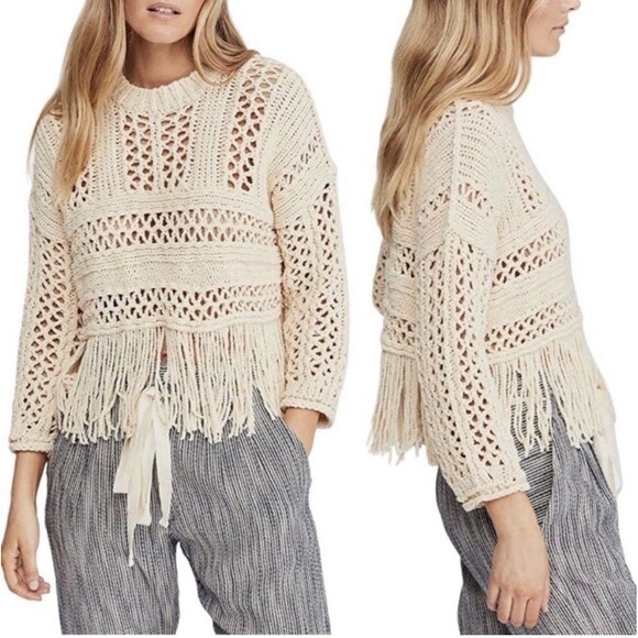 Free People Sweaters - Free People Higher Love Sweater M Crochet Knit Fringe Boho Hippie